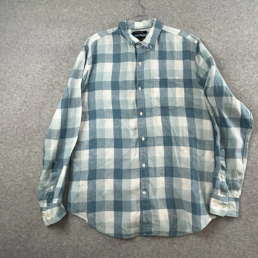 Banana Republic Shirt Mens Large Camden Fit Linen Button Down Blue Plaid Summer